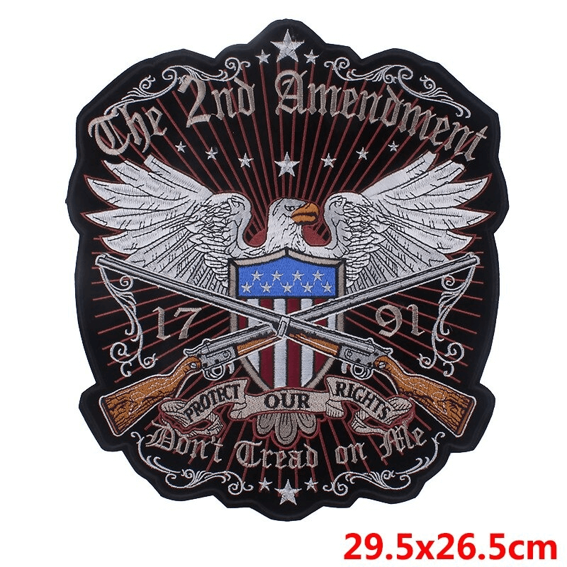 The 2nd Amendment Eagle Iron-On Patch, embroidered biker style patch for jackets and bags, perfect for trendy outfits.