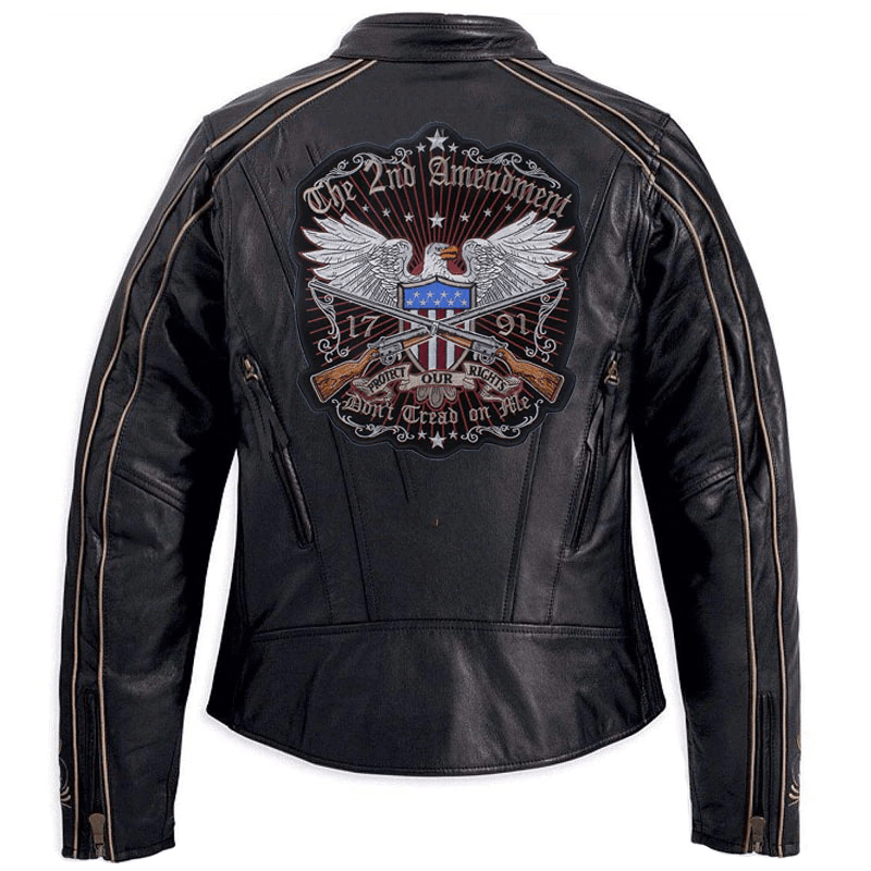 Black leather jacket featuring a large embroidered 2nd Amendment eagle iron-on patch for biker style.