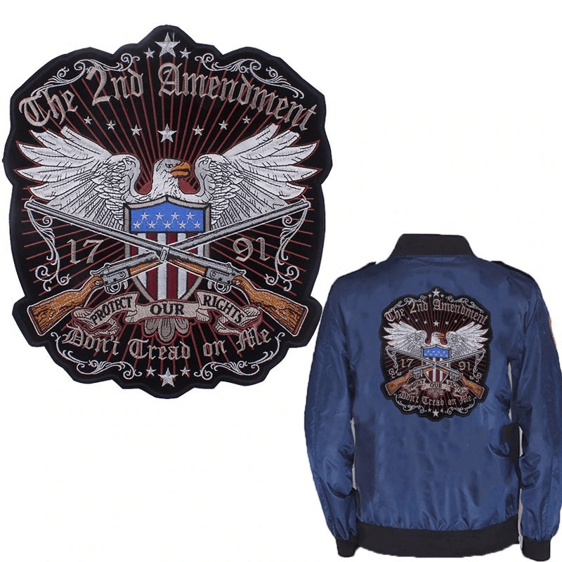 Large 2nd Amendment eagle iron-on patch featuring guns and stars, perfect for biker jackets and trendy outfits.