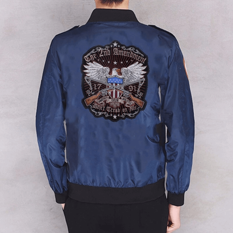 Navy bomber jacket featuring the 2nd Amendment Eagle iron-on patch for a stylish biker look.