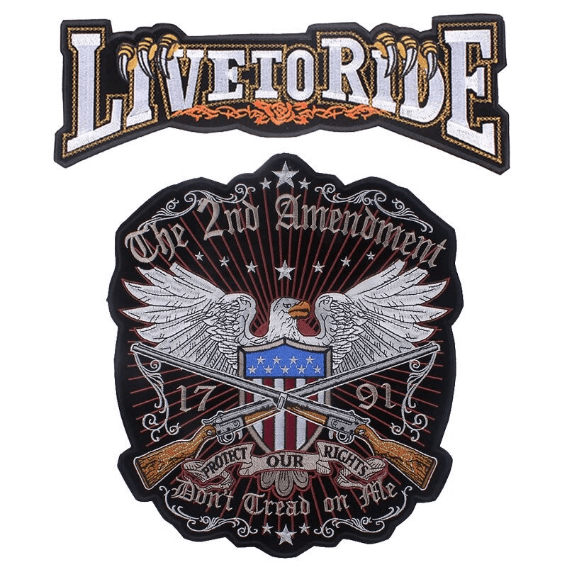 Large embroidered 2nd Amendment eagle patch and 'Live to Ride' patch for biker jackets and accessories.