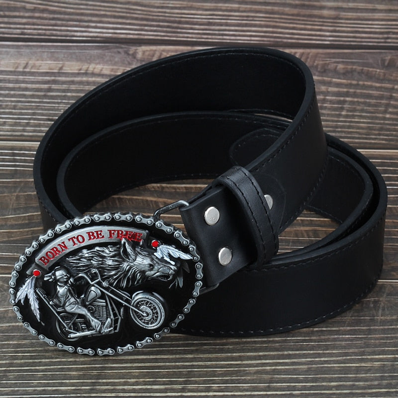 Biker belt with motorcycle and wolf buckle featuring 'Born to be Free' text, perfect for rockers and stylish outings.