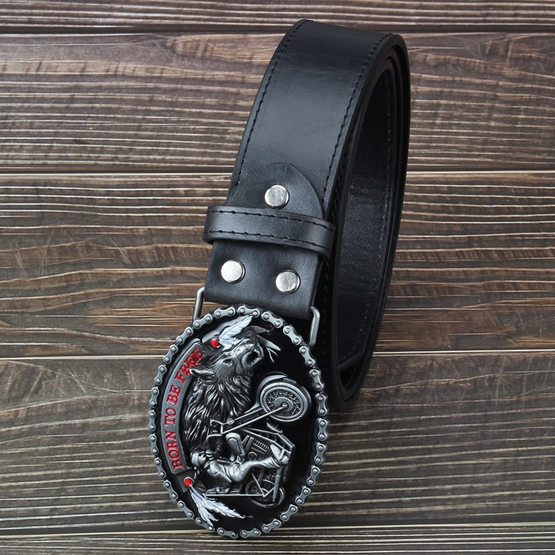 The Motorcycle and The Wolf Belt Buckle on a black leather belt, perfect for biker fashion and rock events.