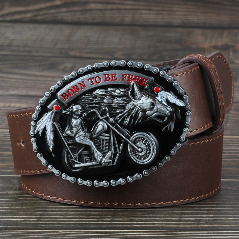 The Motorcycle and The Wolf Belt Buckle featuring a rider and wolf, perfect for biker style accessories.