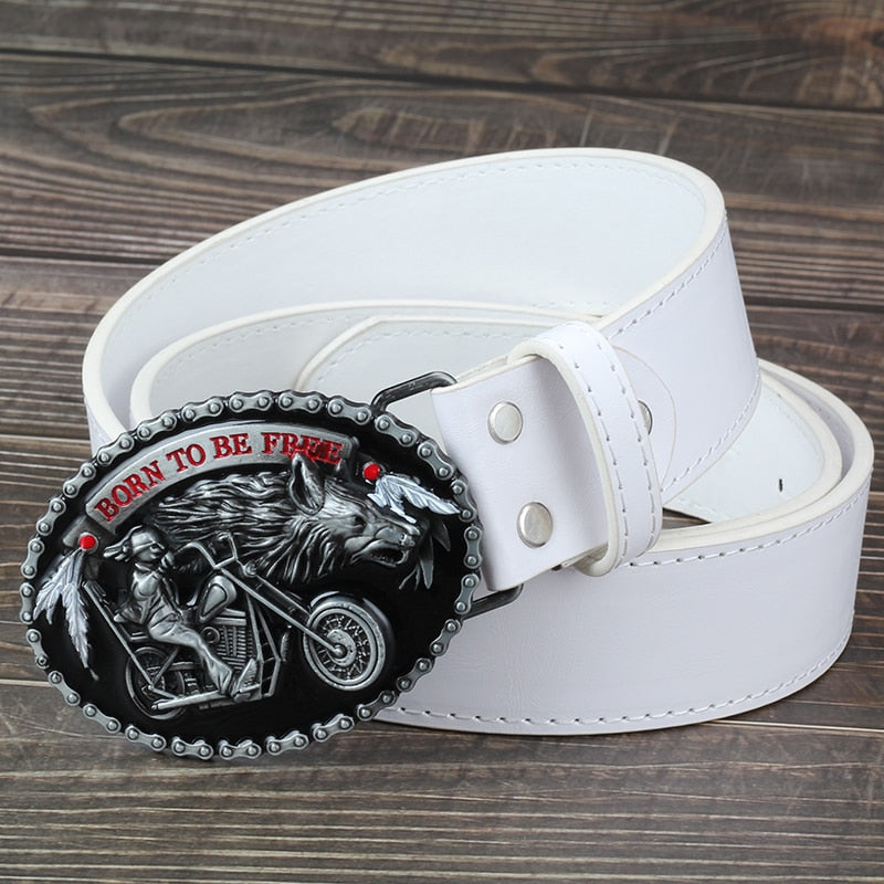 The Motorcycle and The Wolf Belt Buckle on a white belt, showcasing biker style with a bold 'Born to be Free' statement.