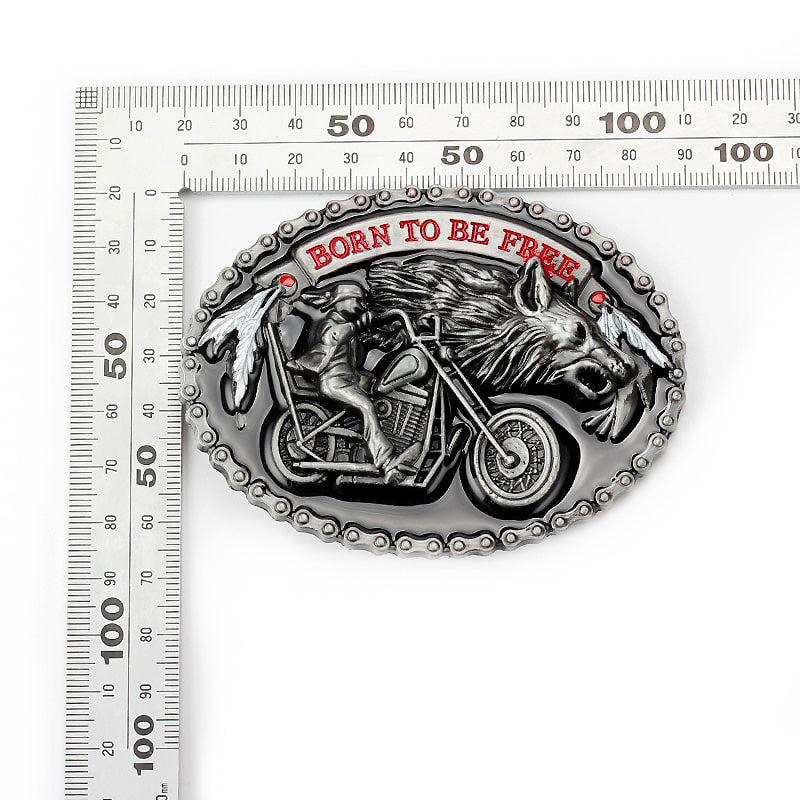 Biker belt buckle featuring a motorcycle and wolf design with 'Born to Be Free' text, perfect for rockers and casual wear.