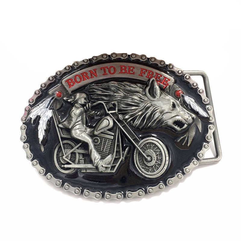 Motorcycle and wolf belt buckle with 'Born to be Free' text, perfect for bikers and rock enthusiasts.