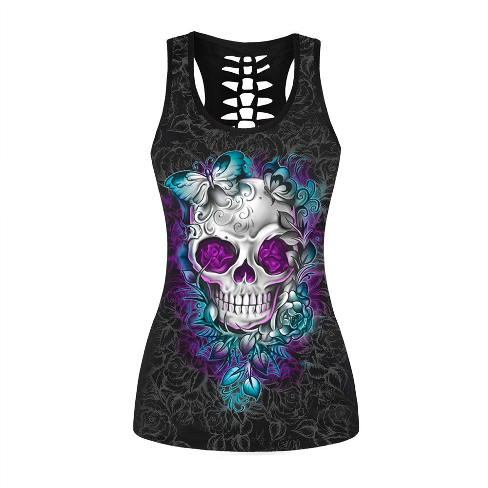 Stylish black Halloween tank top for women featuring a vibrant skull and floral design, perfect for spooky events.