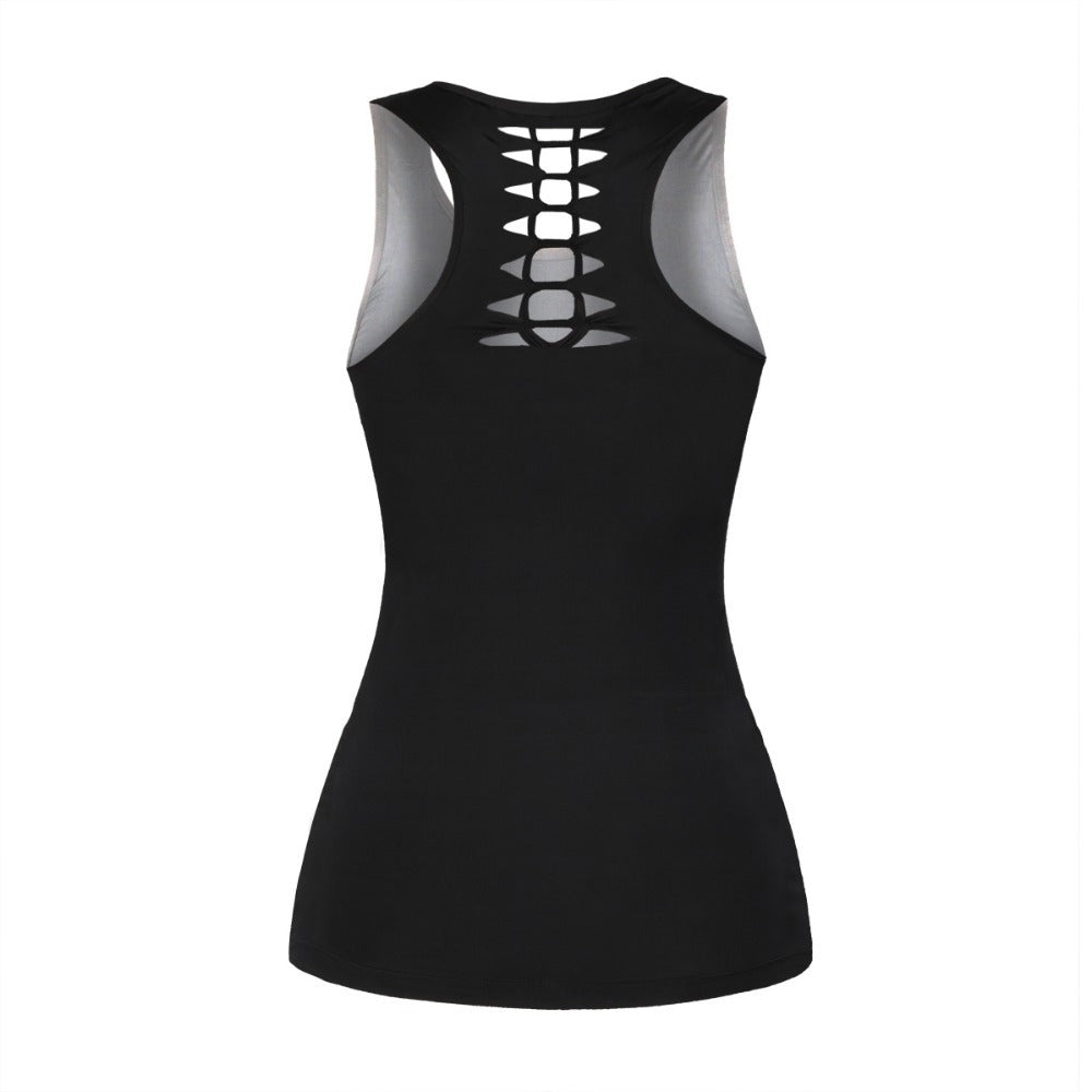 Back view of a women's black tank top with stylish cutout design for Halloween or fitness.