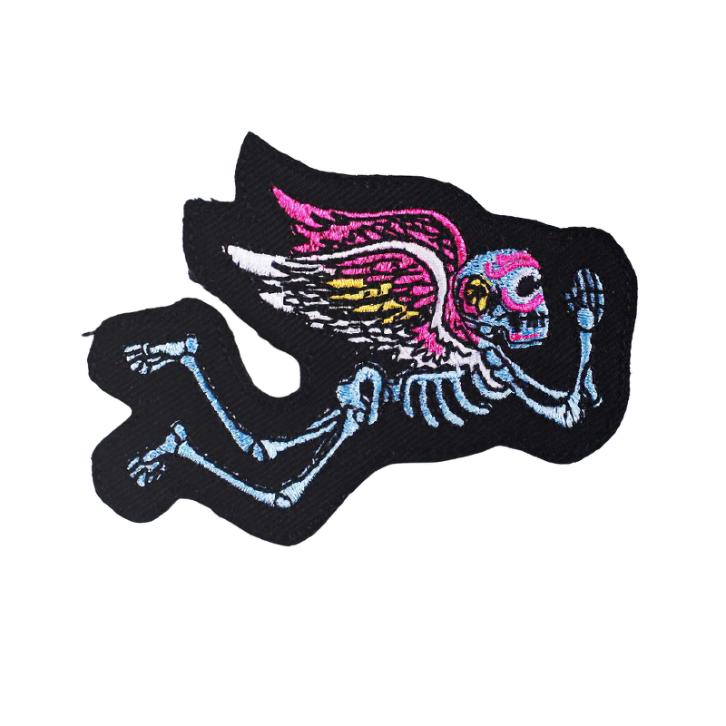 Skeleton with wings patch for jackets and bags, a stylish unisex rock accessory in vibrant colors.