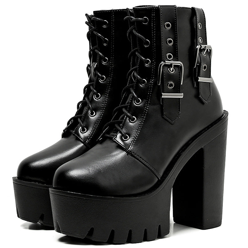 Thick high heels black lace-up ankle Gothic boots with buckle for rocker outfits.