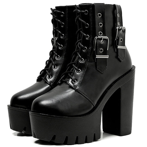 Bottes gothiques à la cheville à talons hauts épais / Bottes courtes à lacets noires pour femmes avec boucle 