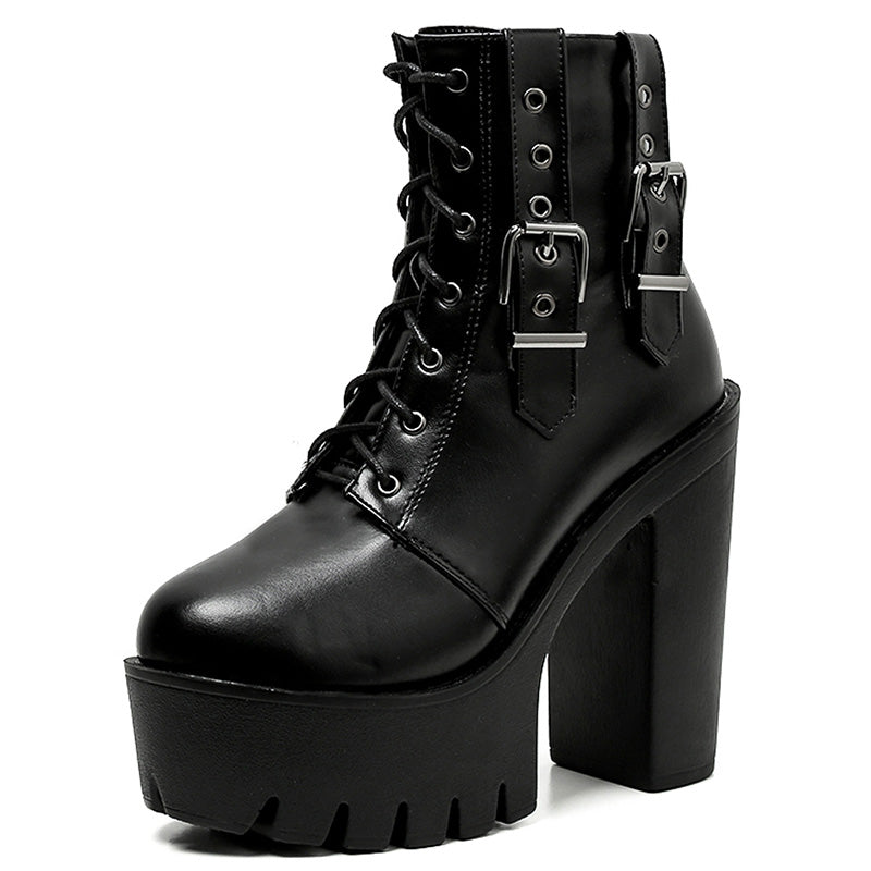 Thick high heels black lace-up ankle gothic boots with buckle for rocker outfits and concerts.