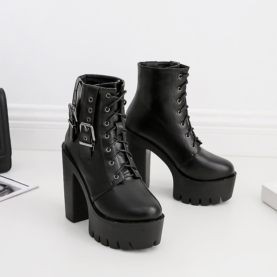 Thick high heels black lace-up ankle boots with buckle for rock outfits, featuring stable platform and square heel.