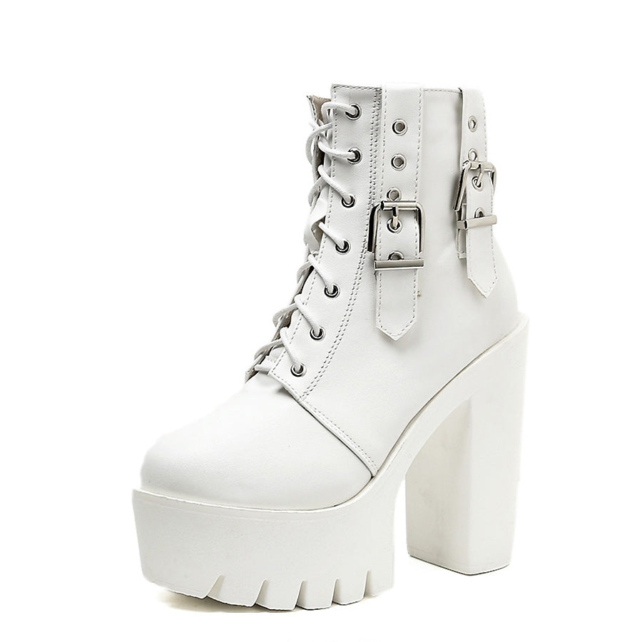 White thick high heels ankle gothic boots with lace-up and buckle details, perfect for rocker outfits.