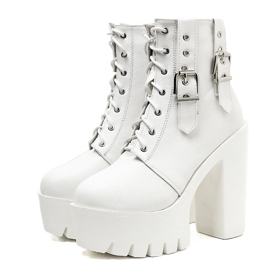 White thick high heels ankle boots with lace-up and buckle, perfect for rocker outfits.