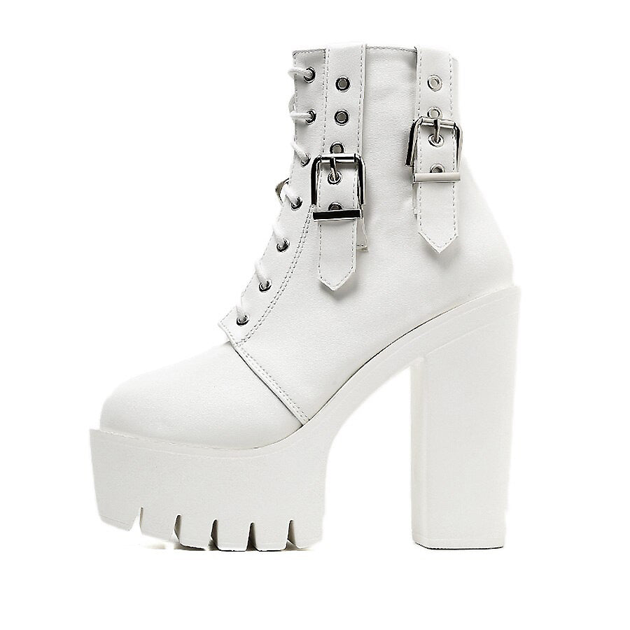 White thick high heels ankle gothic boots with buckles and lace-up design, perfect for rocker outfits.