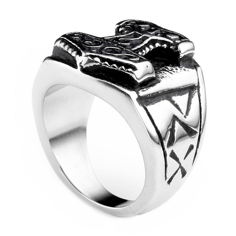 Thor's Hammer biker ring in 316L stainless steel, featuring a vintage design and Nordic-style engravings.