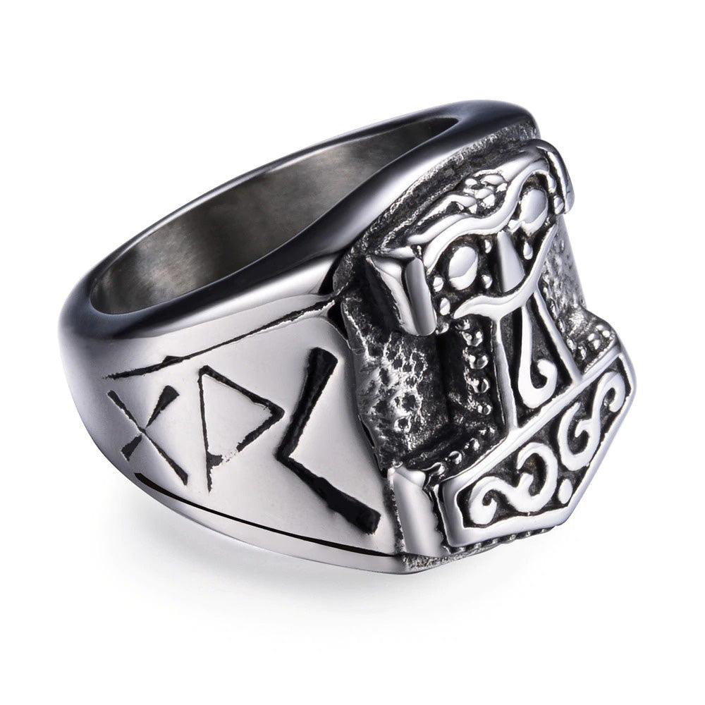 Thor's Hammer Classic Biker Ring in 316L stainless steel with intricate Viking designs for cosplay and vintage style.