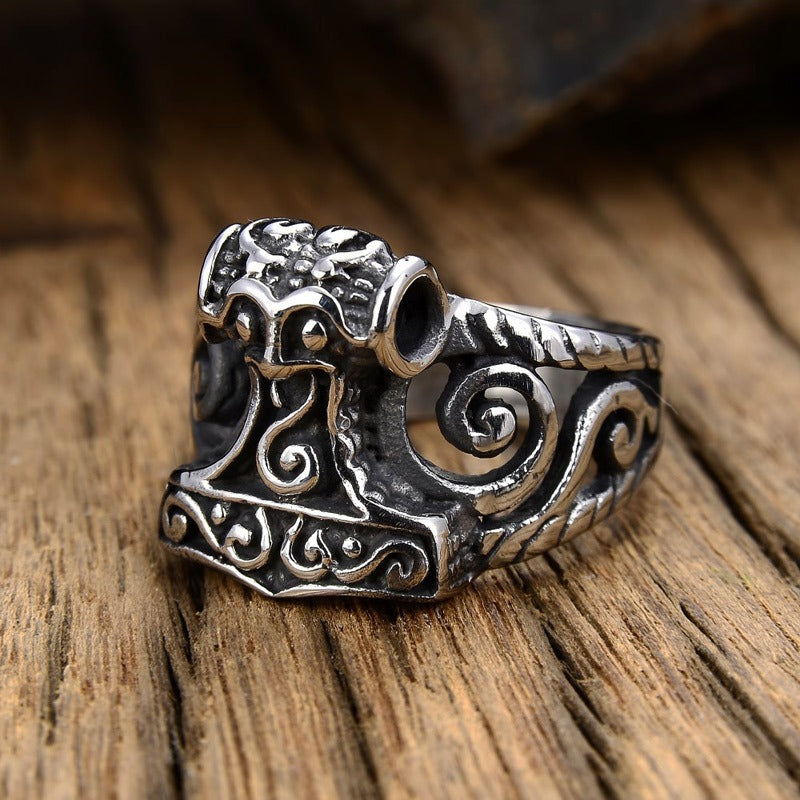 Thor's Hammer Vintage Ring / 316L Stainless Steel Men's Ring / Nordic Style Hollow Out Jewelry - HARD'N'HEAVY