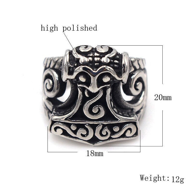 Thor's Hammer vintage ring, Nordic style, high polished stainless steel, 20mm x 18mm, unisex Viking jewelry.