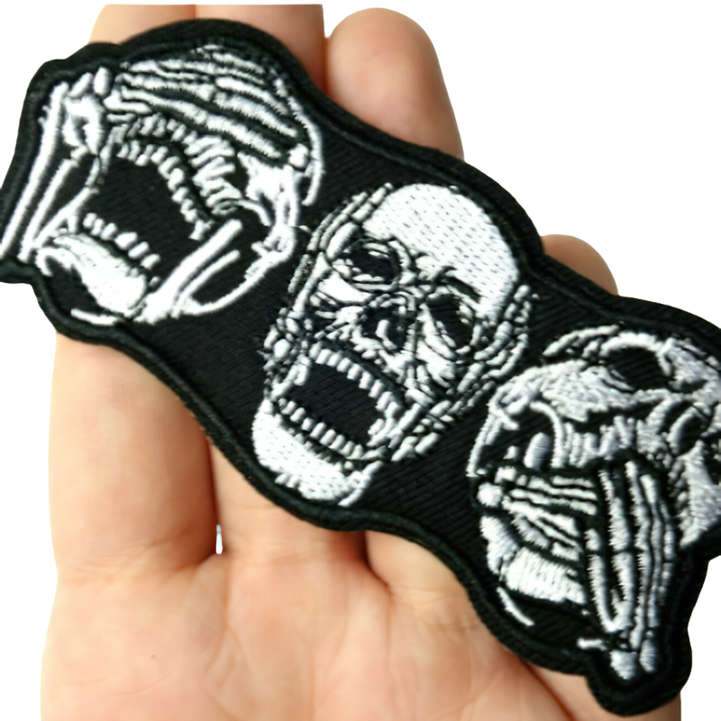 Unisex three crazy skulls patch for clothes, alternative fashion accessory adding edgy style to any outfit.