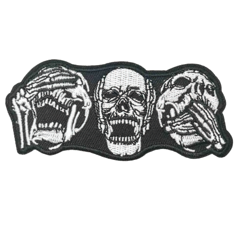 Three crazy skulls patch for clothes, perfect unisex alternative fashion accessory. Rock your goth style!