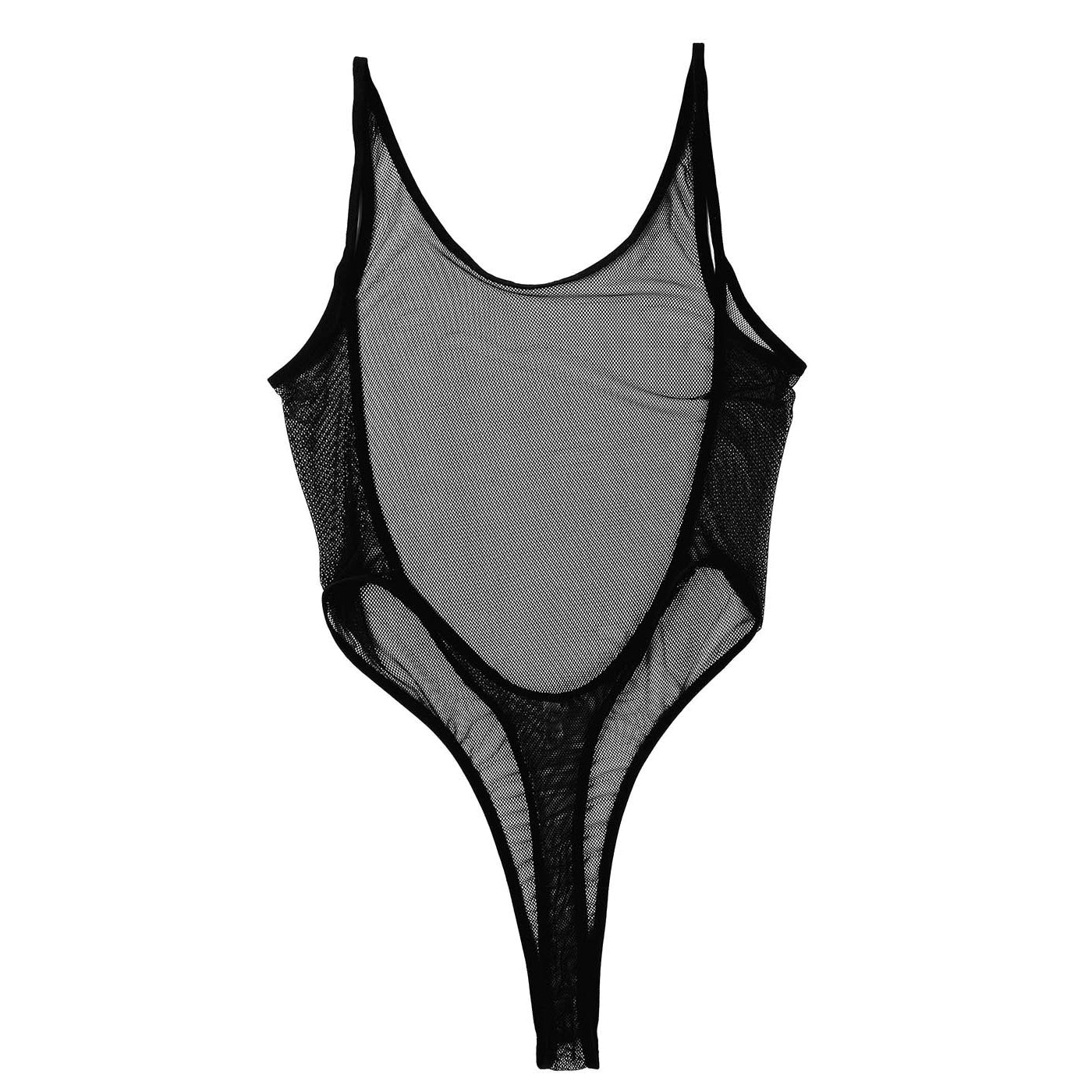 Through Sheer Mesh Sleeveless Bodysuit / Sexy Stretchy Transparent Thong Bodystocking - HARD'N'HEAVY