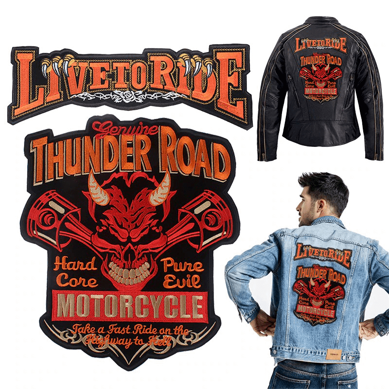 Thunder Road motorcycle iron-on patch with bold design, featuring skull and classic bike elements for jackets and clothing.