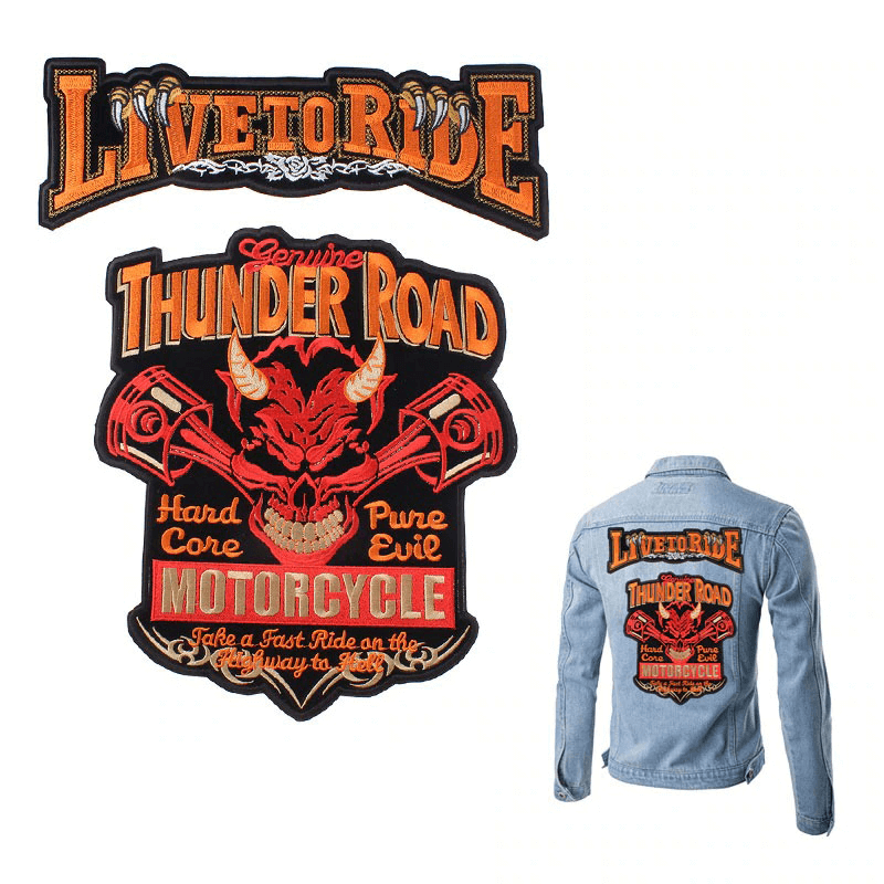 Large embroidered Thunder Road motorcycle iron-on patch for jackets, featuring a skull design and 'Live to Ride' text.