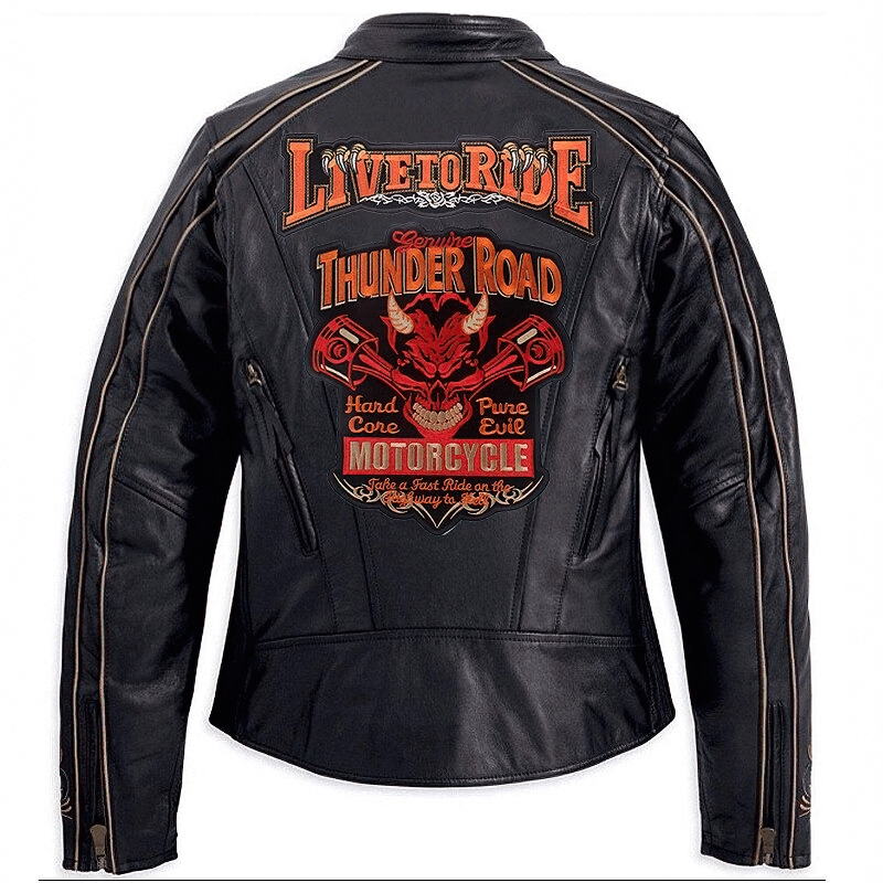 Black leather jacket with red embroidered Thunder Road motorcycle patch on the back, showcasing biker style.