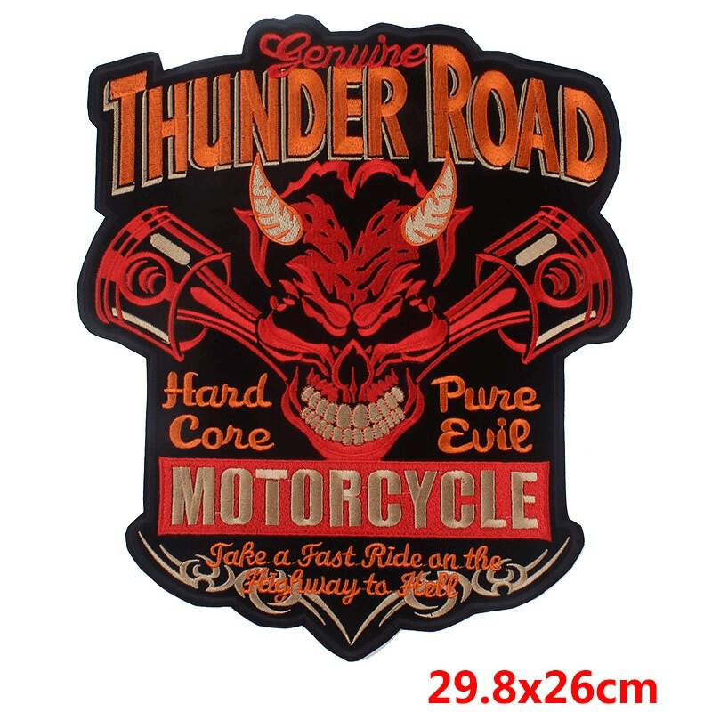 Thunder Road motorcycle iron-on patch, large embroidered design featuring skull and crossed pistons, perfect for biker jackets.