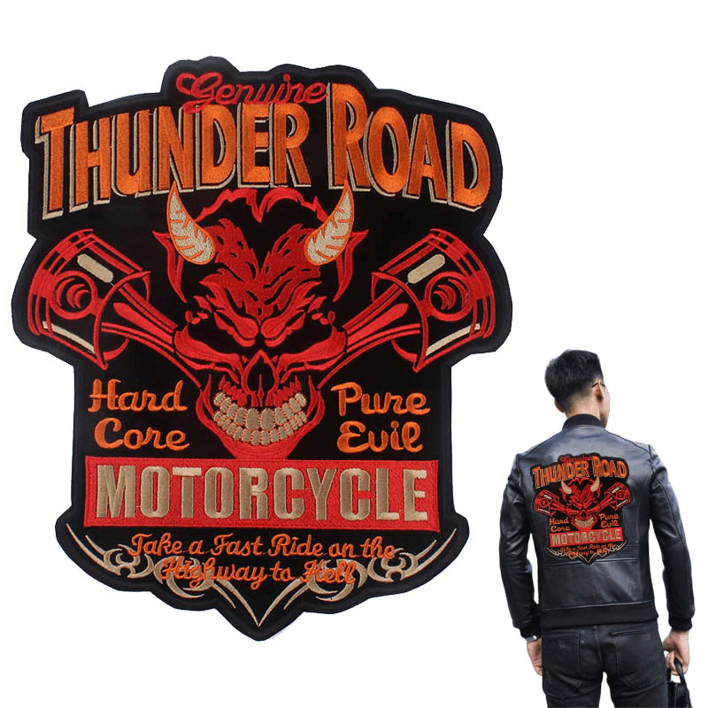 Thunder Road motorcycle iron-on patch featuring a skull and crossbones design, perfect for adding flair to jackets.
