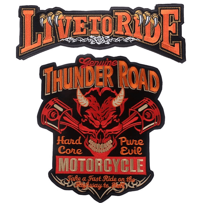 Thunder Road motorcycle iron-on patch with skull design, perfect for jackets and biker fashion.