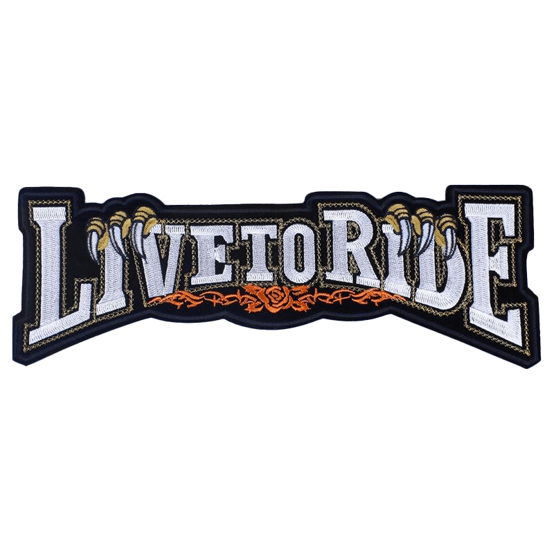 Large embroidered Live to Ride patch with bold lettering and decorative elements for motorcycle enthusiasts.