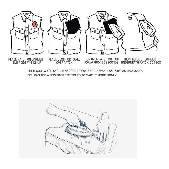 Instructions for applying an iron-on motorcycle patch on a garment with graphic steps and tips.