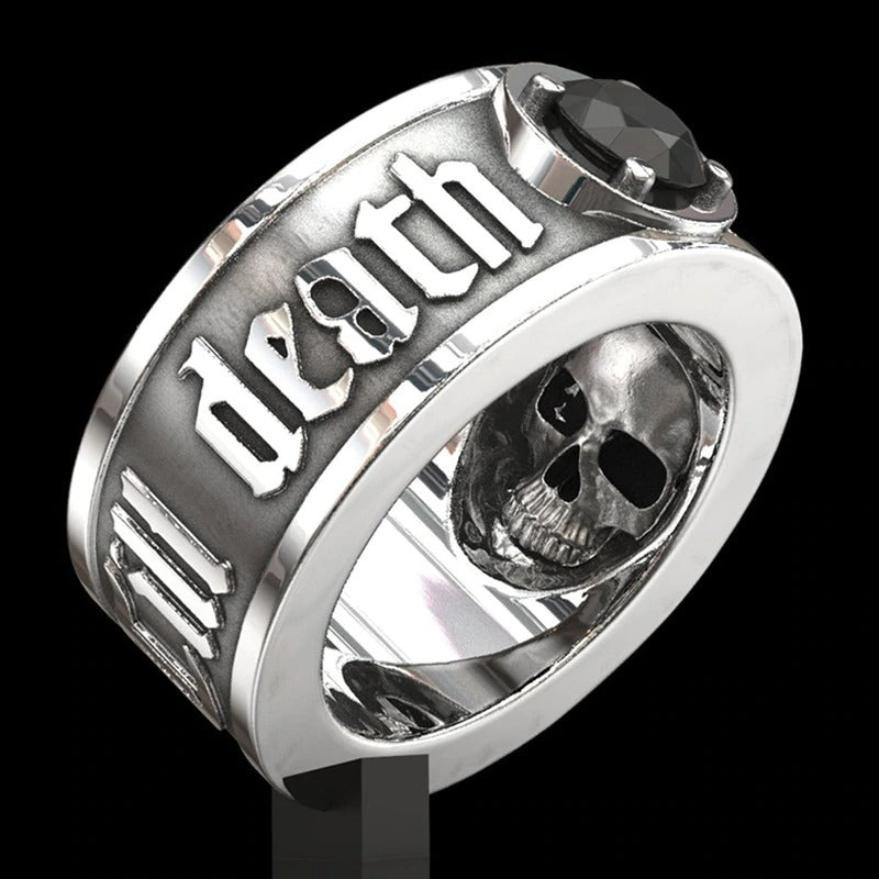 'Til Death Do Its Part' Skull Ring with Black Crystal / Punk Rock Engagement Jewelry for Men & Women - HARD'N'HEAVY