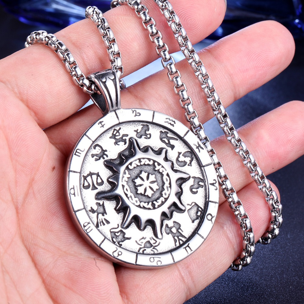 Titanium stainless steel zodiac signs amulet pendant on a chain, perfect for astrology lovers and alternative fashion.