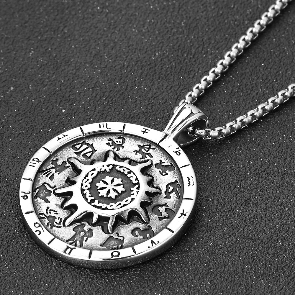 Titanium stainless steel zodiac signs amulet pendant necklace on a silver chain for trendy unisex fashion.