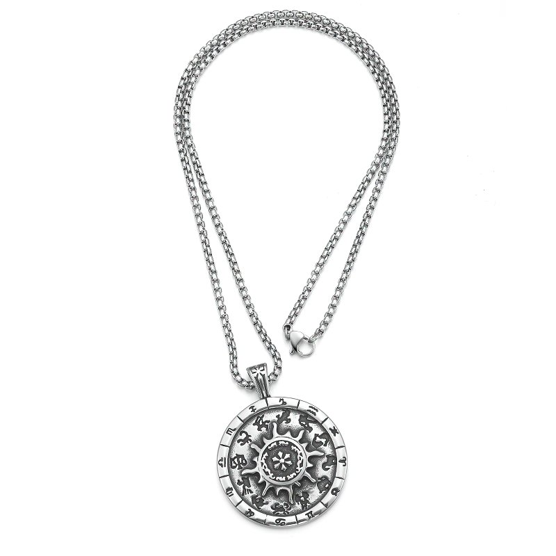 Titanium stainless steel zodiac signs pendant necklace on a chain, perfect for astrology lovers and trendy outfits.