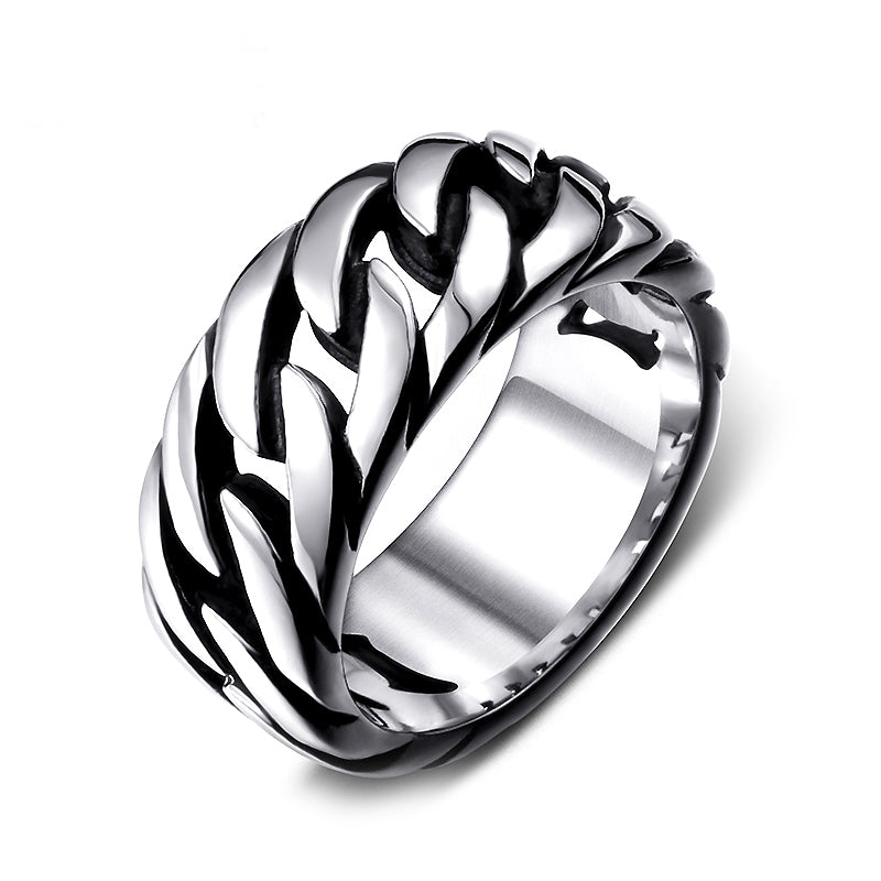 Shiny titanium steel biker chain ring with elegant braided design, perfect rock accessory for any outfit.