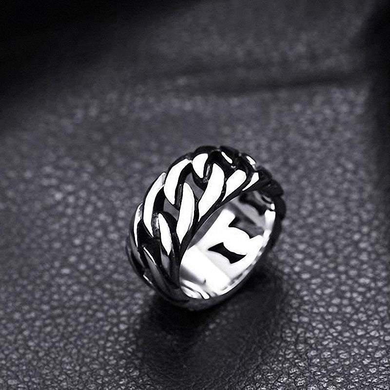 Stylish titanium steel biker chain ring with a polished finish, perfect accessory for rock-inspired looks.