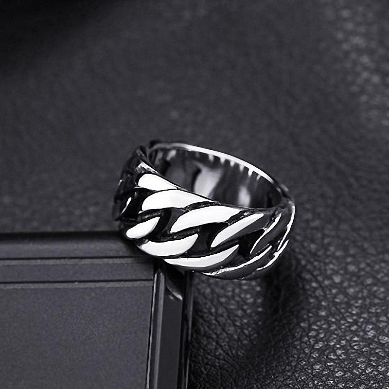 Titanium steel biker chain ring showcasing shiny stainless steel with a unique chain design, perfect for rock accessories.