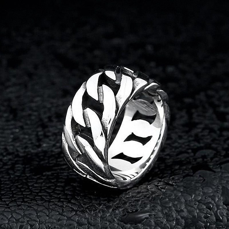Stylish titanium steel biker chain ring featuring a unique braided design, ideal for rock accessory lovers.