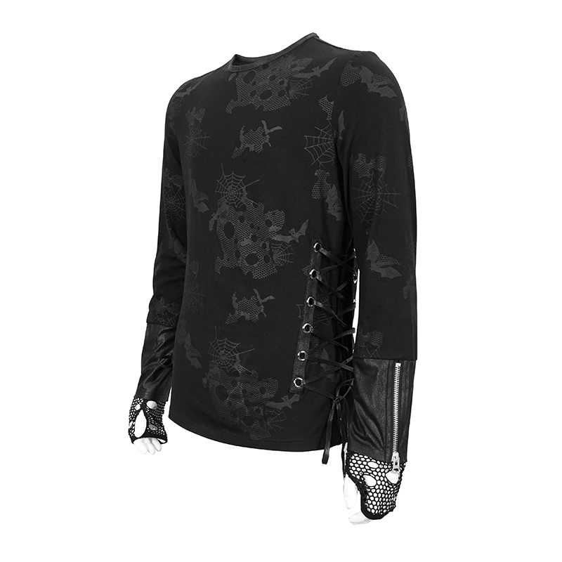 Men's black sweatshirt with spider web print, gothic style, featuring zipper cuffs and ripped net gloves.