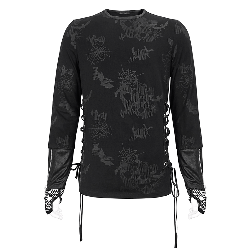 Men's black spider web printed sweatshirt with stylish gloves and cuff zippers, perfect for a gothic look.