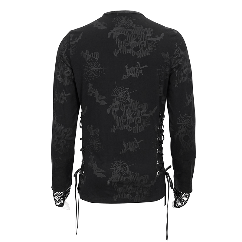 Torn Spider Web Printed Men's Sweatshirt / Black Top With Cuff Zipper And Gloves of Ripped Net