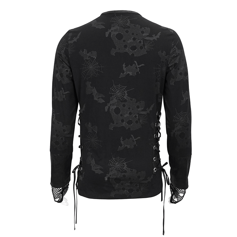 Men's black sweatshirt with spider web print and lace-up details for a gothic style fashion.