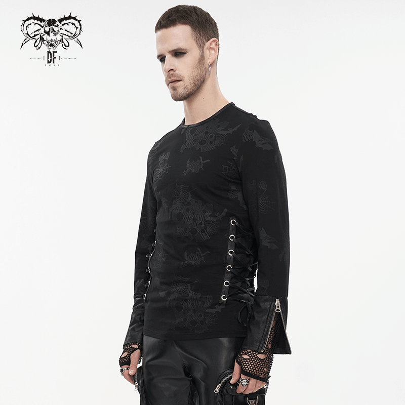 Men's black gothic sweatshirt with spider web print and unique lace-up sides for a trendy Halloween look.