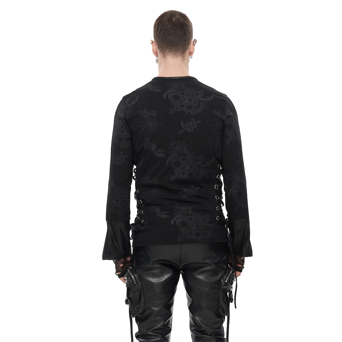 Men's black spider web printed sweatshirt with cuff zippers and ripped net gloves, showcasing trendy gothic style.
